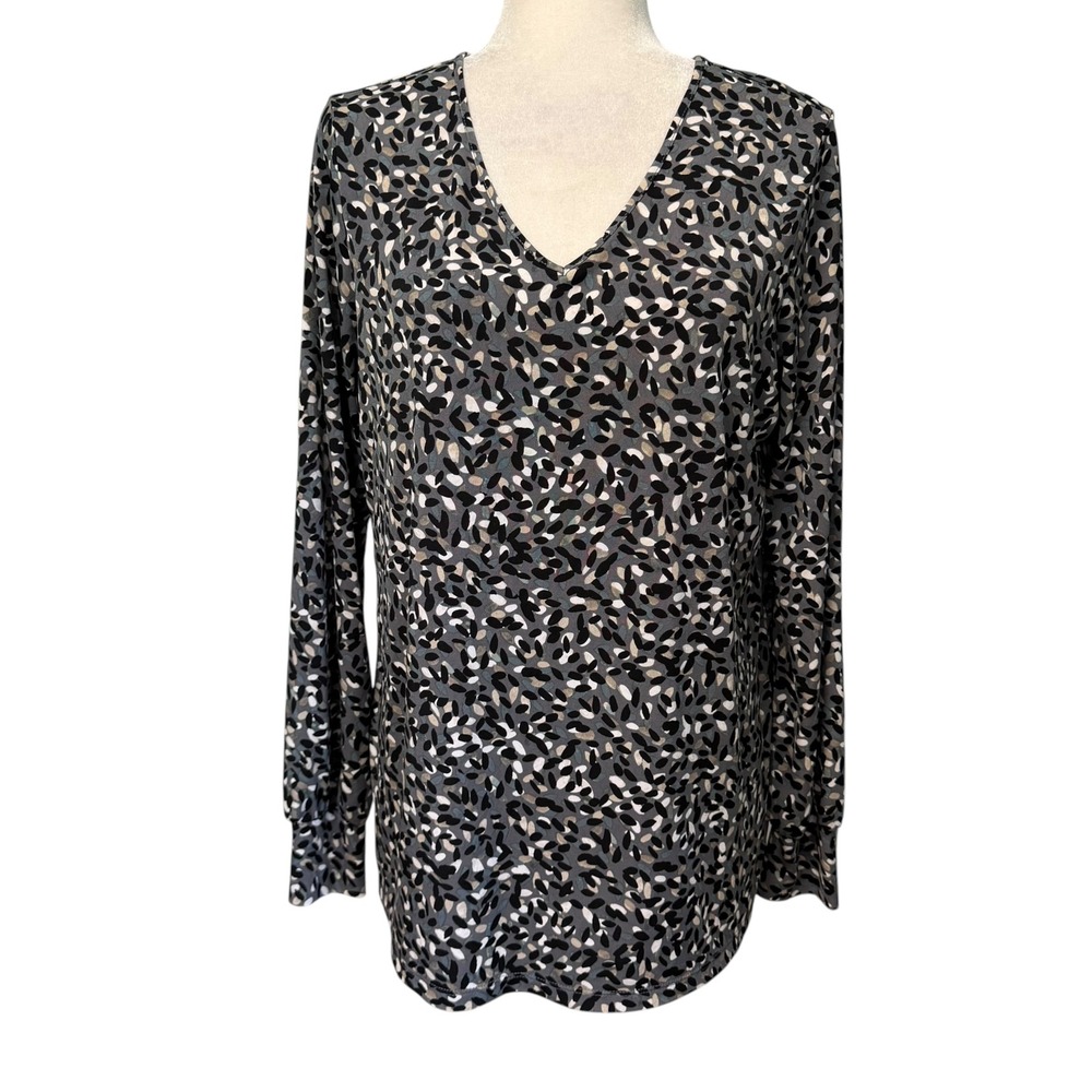 Susan Graver Tunic Top Women M Liquid Knit V-Neck Travel Stretchy Long Sleeve